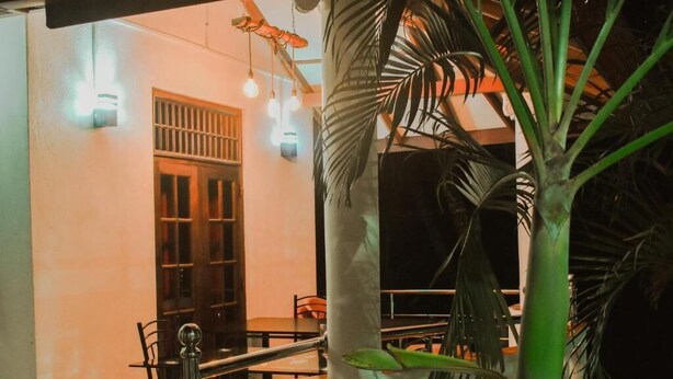 A room with a wooden door, a staircase, and a potted plant. - Myr-o Homestay (Anuradhapura)