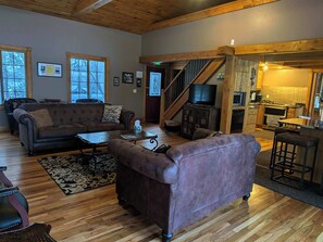 Smart TV, fireplace, DVD player, foosball