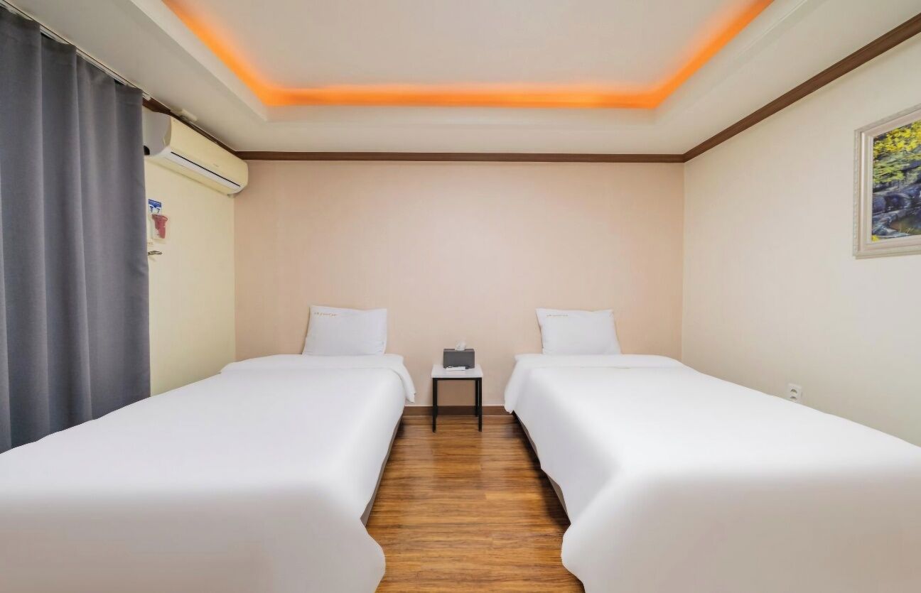 Een hotelkamer met twee eenpersoonsbedden, een klein nachtkastje, een airconditioningsysteem en een schilderij aan de muur.