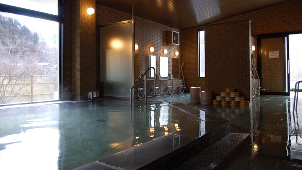 A large indoor swimming pool with clear glass walls, multiple shower areas, and a view of trees outside.