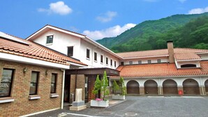 A building with a tiled roof and brick walls, a courtyard with potted plants, and a mountain in the background.