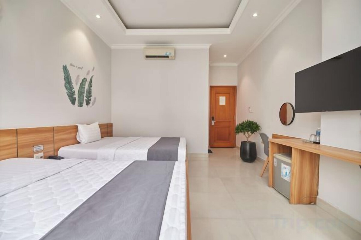 A hotel room with two beds, a TV, a desk, and a potted plant.