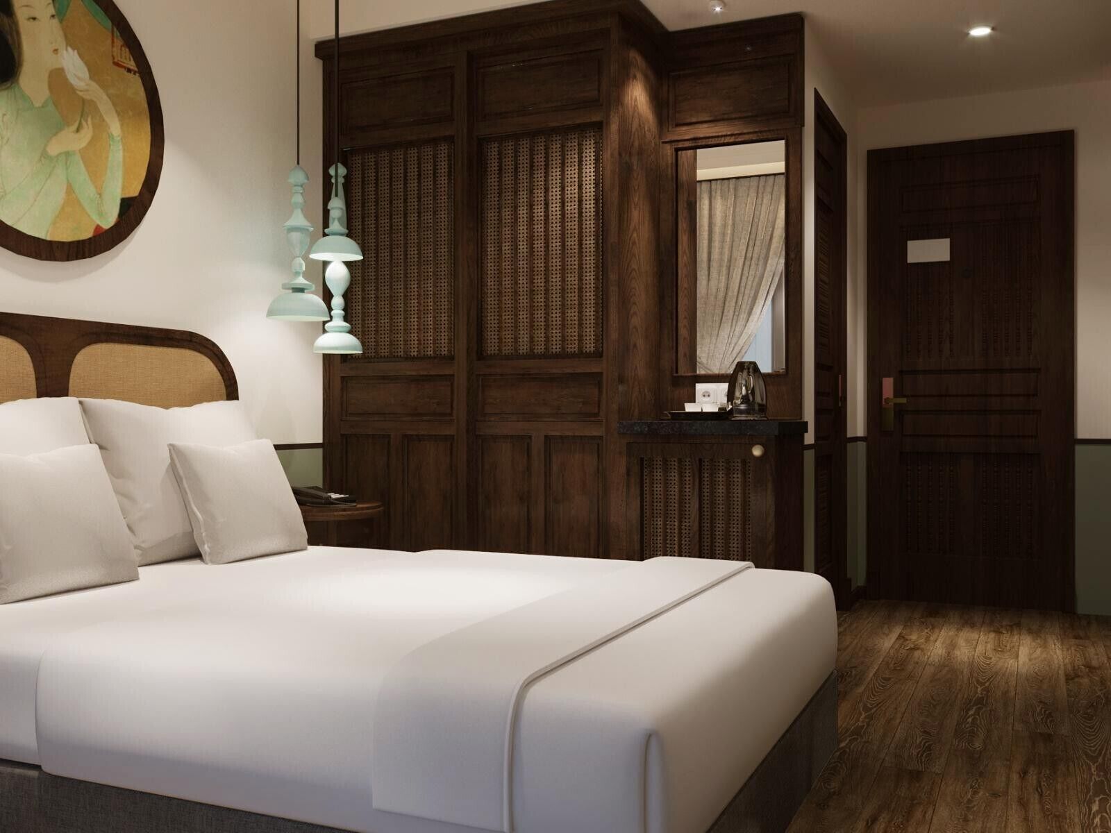 Uma cama bem arrumada com lençóis brancos, um guarda-roupa de madeira e uma pequena mesa de cabeceira com uma luminária.