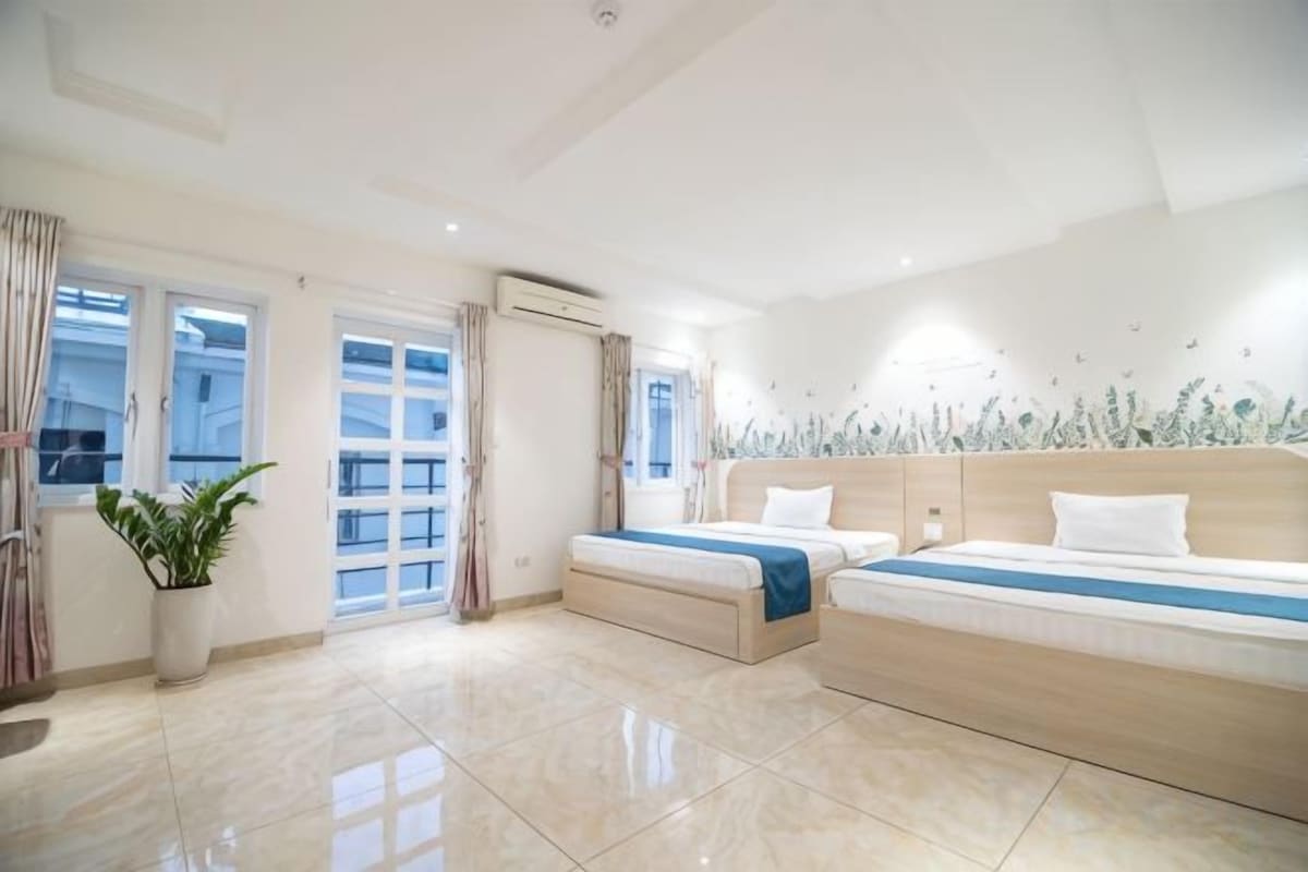 A modern hotel room with a large bed, a bedside table, a potted plant, and a view of the outdoors.
