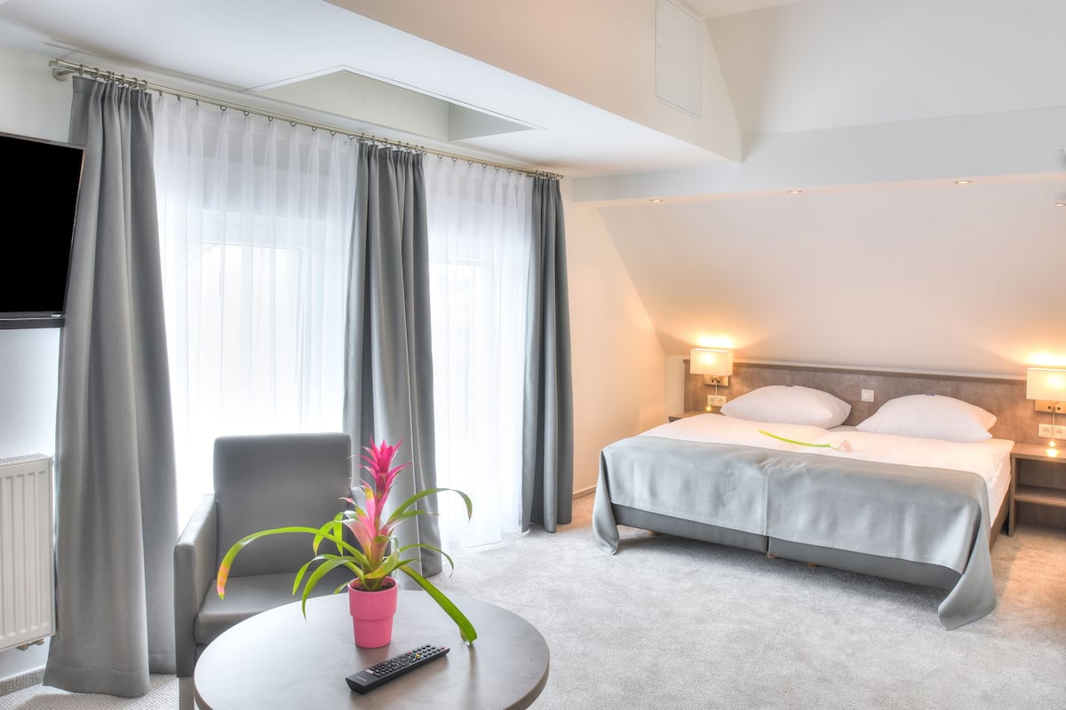 A hotel room with a bed, bedside table, lamp, chair, potted plant, and a TV.