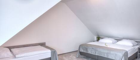 A modern bedroom with a sloped ceiling, two beds, a bedside table, a mirror, and a small plant.