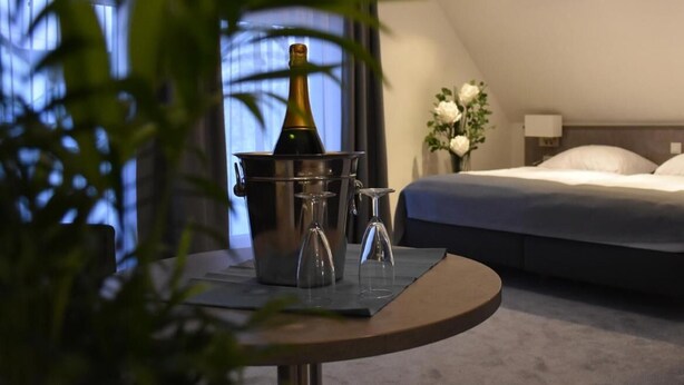 Habitación de hotel con una cama, una mesita de noche con una botella y vasos, y una planta en maceta al frente.