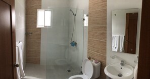 A bathroom with a glass shower enclosure, a toilet, a sink, and a mirror. - HeimatDorado R.D. your pleasant stay (Santiago de los Caballeros)