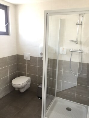A bathroom with a toilet, a shower, and a window. - Les Terrasses DAix (Eguilles)