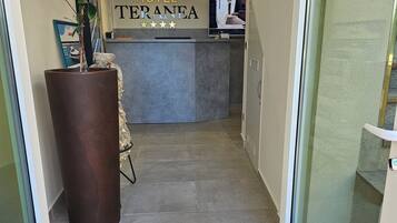 A hotel reception area with a reception desk, a potted plant, and a welcome mat.