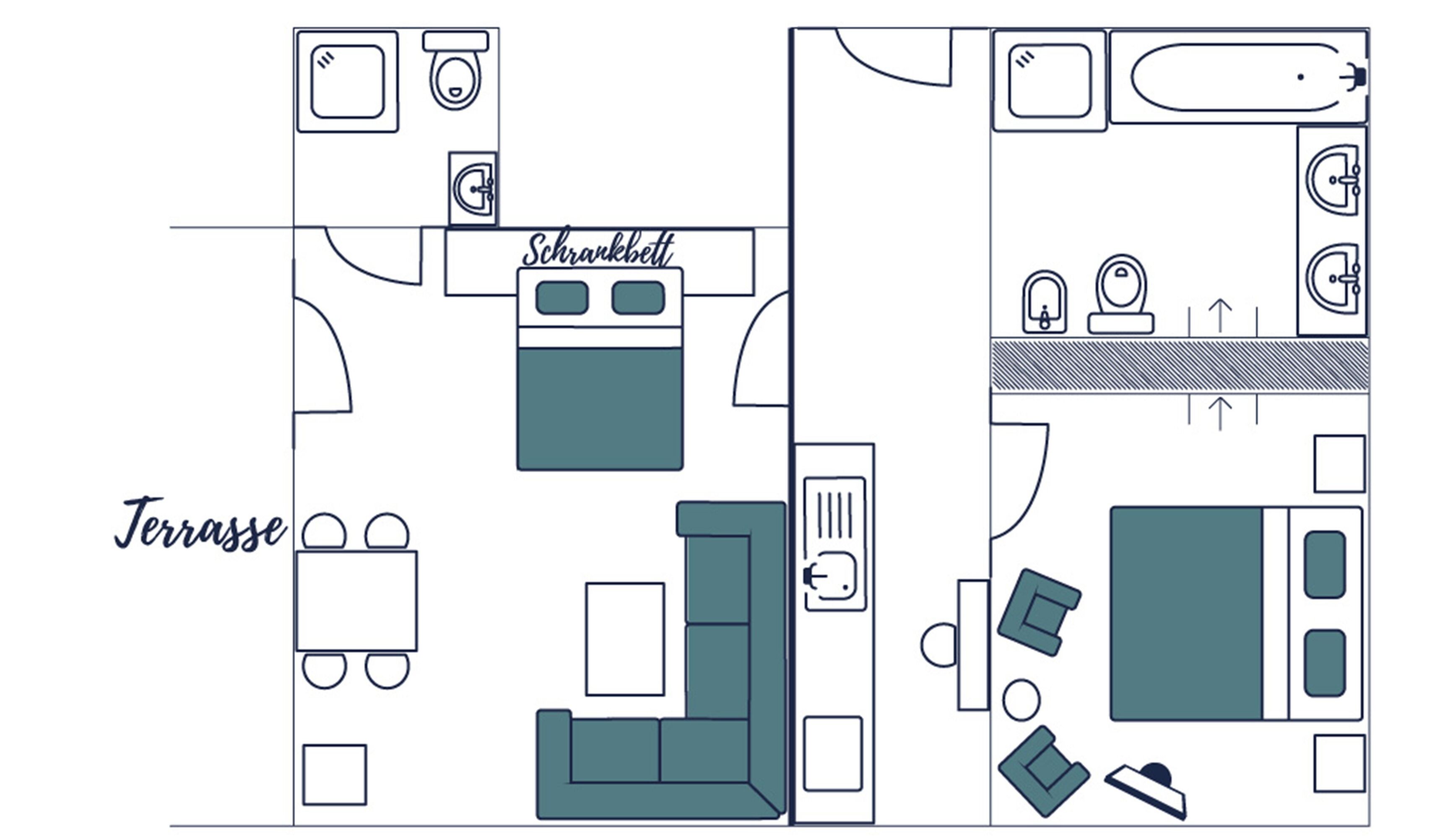 Plano de una habitación de hotel con kitchenette, sofá, mesa de comedor y cama.
