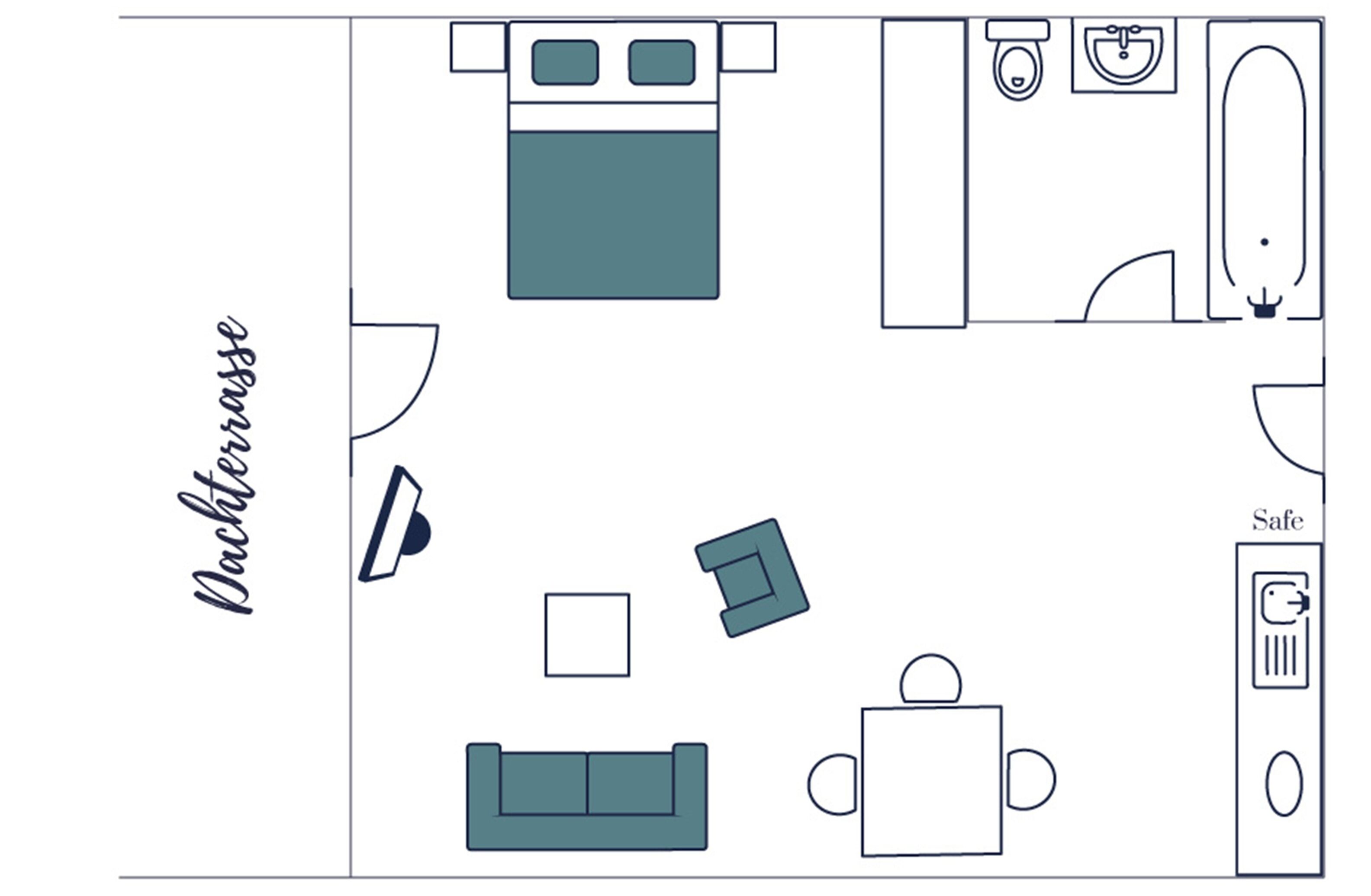 A room layout with a bed, a sofa, a coffee table, a TV, a safe, and a bathroom with a sink and toilet.