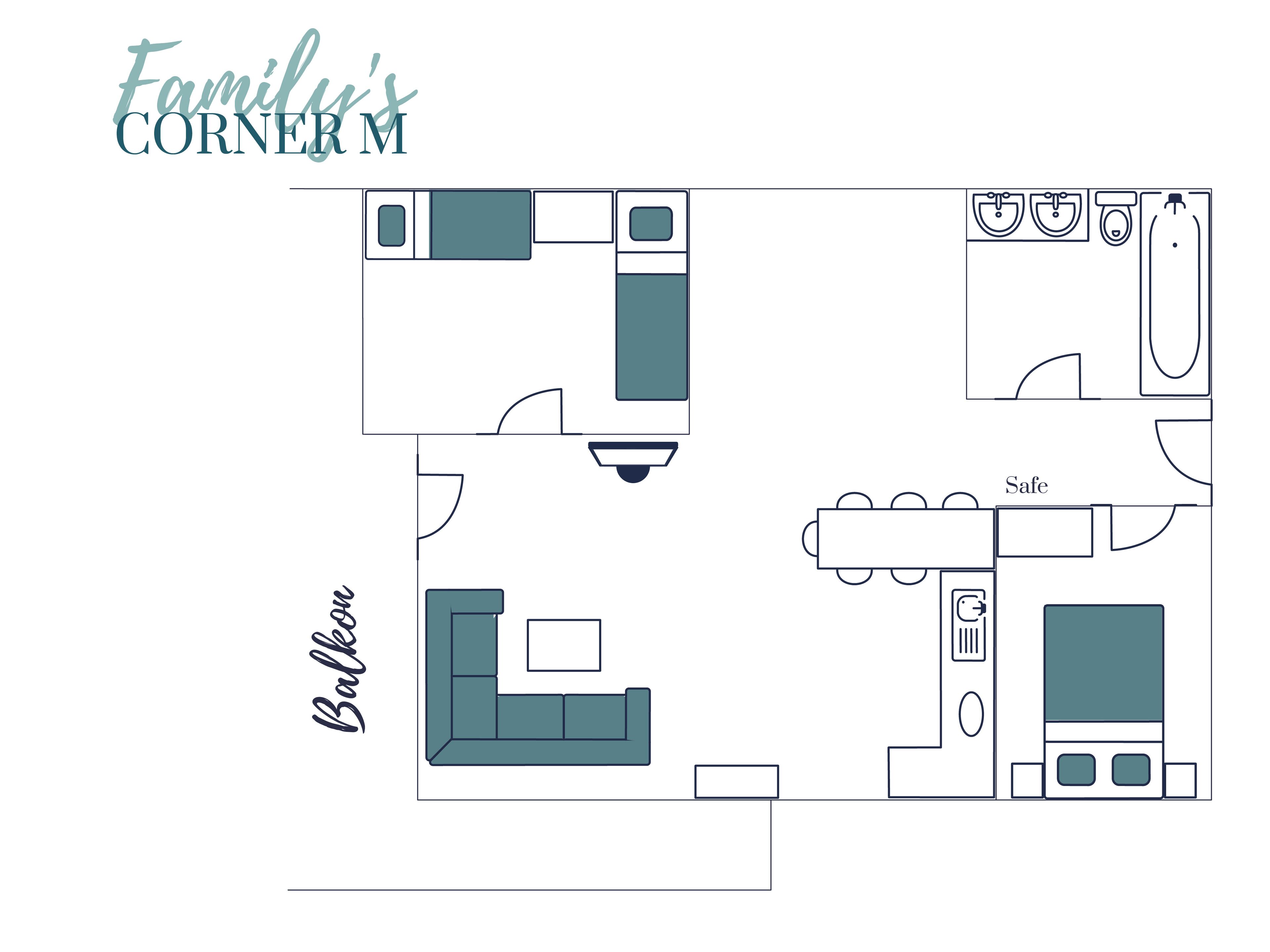 Plano de planta de un apartamento familiar en esquina, con sala de estar, cocina y baño.