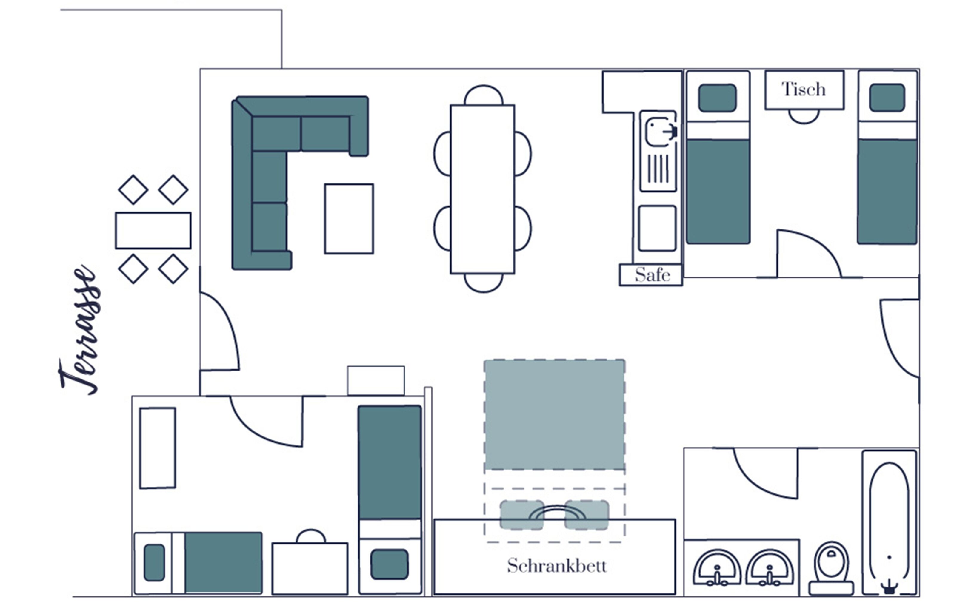 A hotel layout with a terrace, a dining area, a safe, a tisch, a schrankbett, and a bathroom.