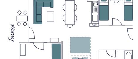 A hotel layout with a terrace, a dining area, a safe, a tisch, a schrankbett, and a bathroom.