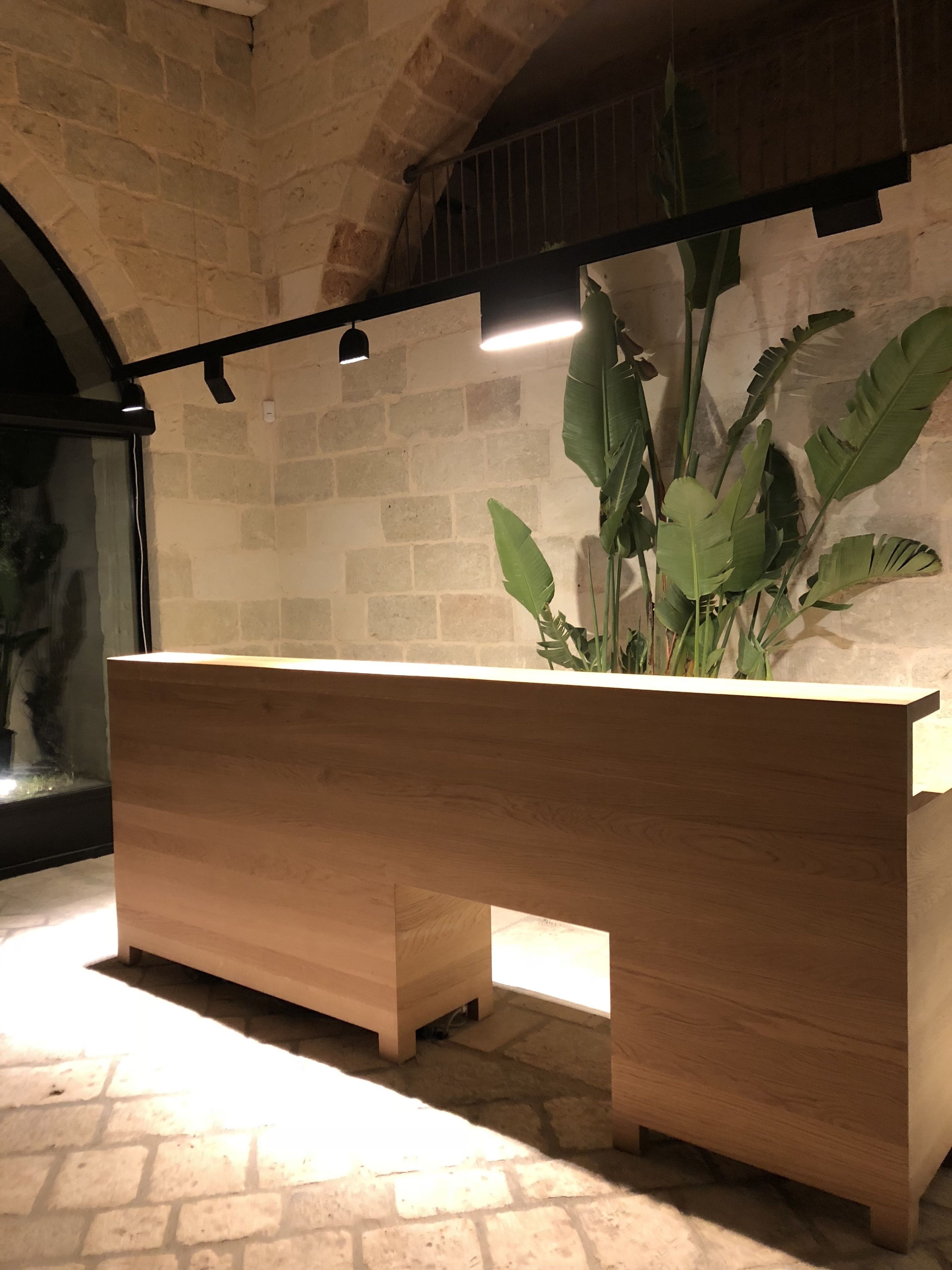 A wooden reception desk with a potted plant beside it, set against a stone wall with a metal railing above.