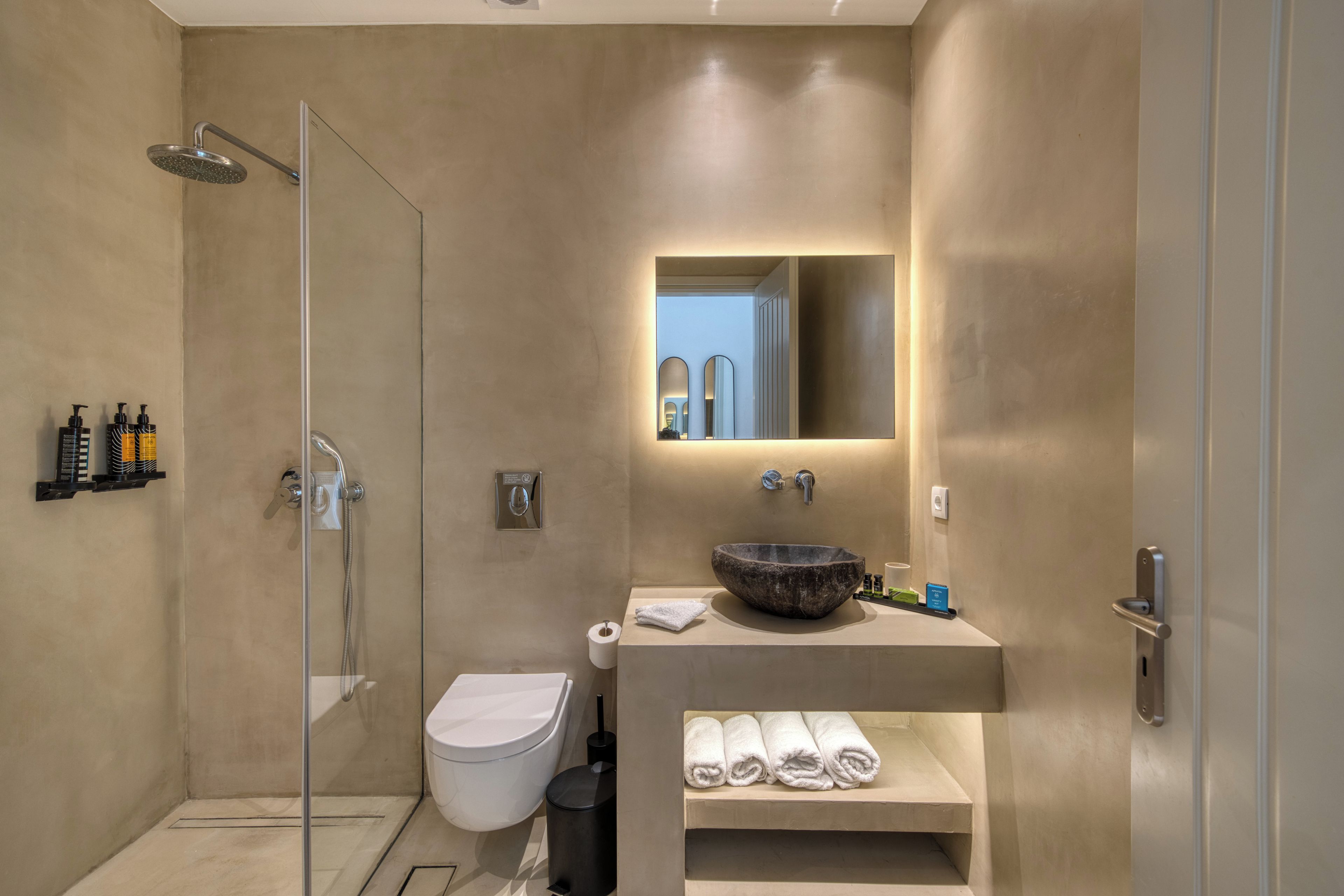 A modern bathroom with a glass-enclosed shower, a white toilet, a large mirror, and a stone basin sink.