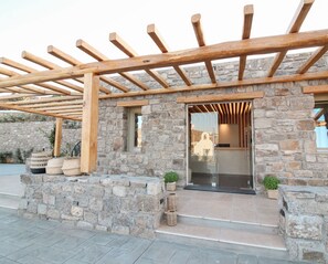 A stone building with a wooden pergola entrance, stone steps, and potted plants. - Mykonos Cactus (Mykonos)