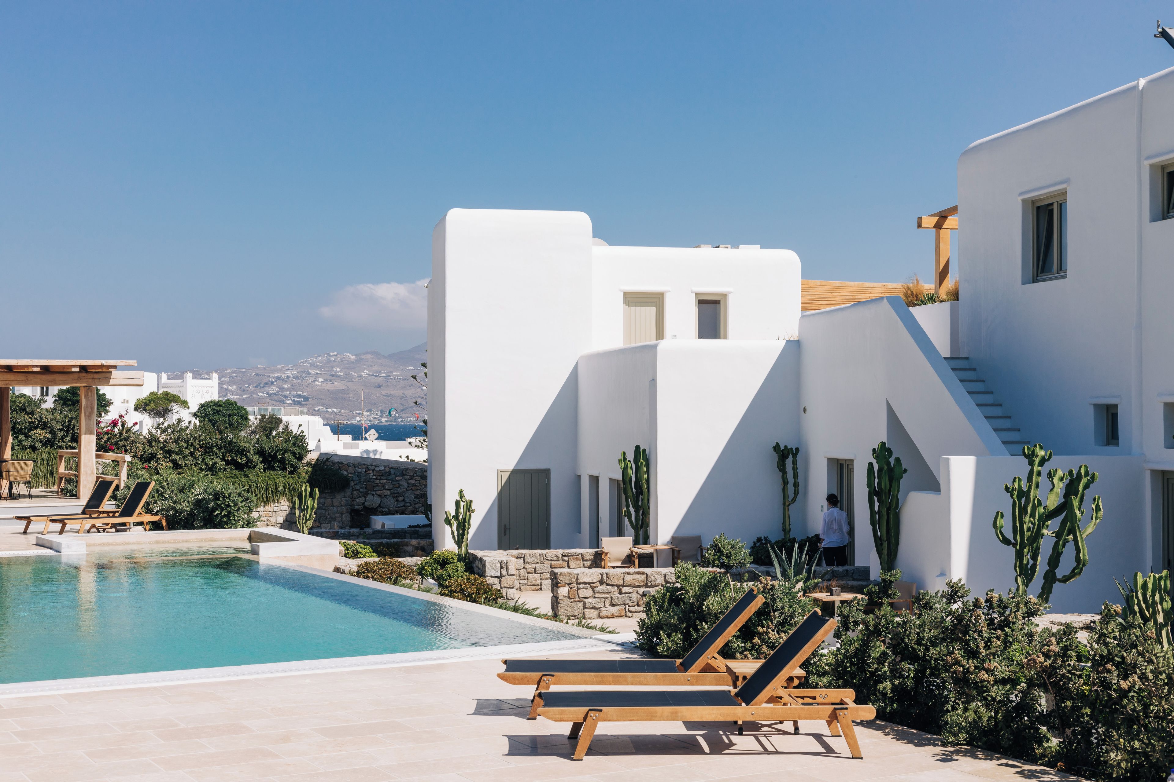 A modern white building with a pool, lounge chairs, and cacti.