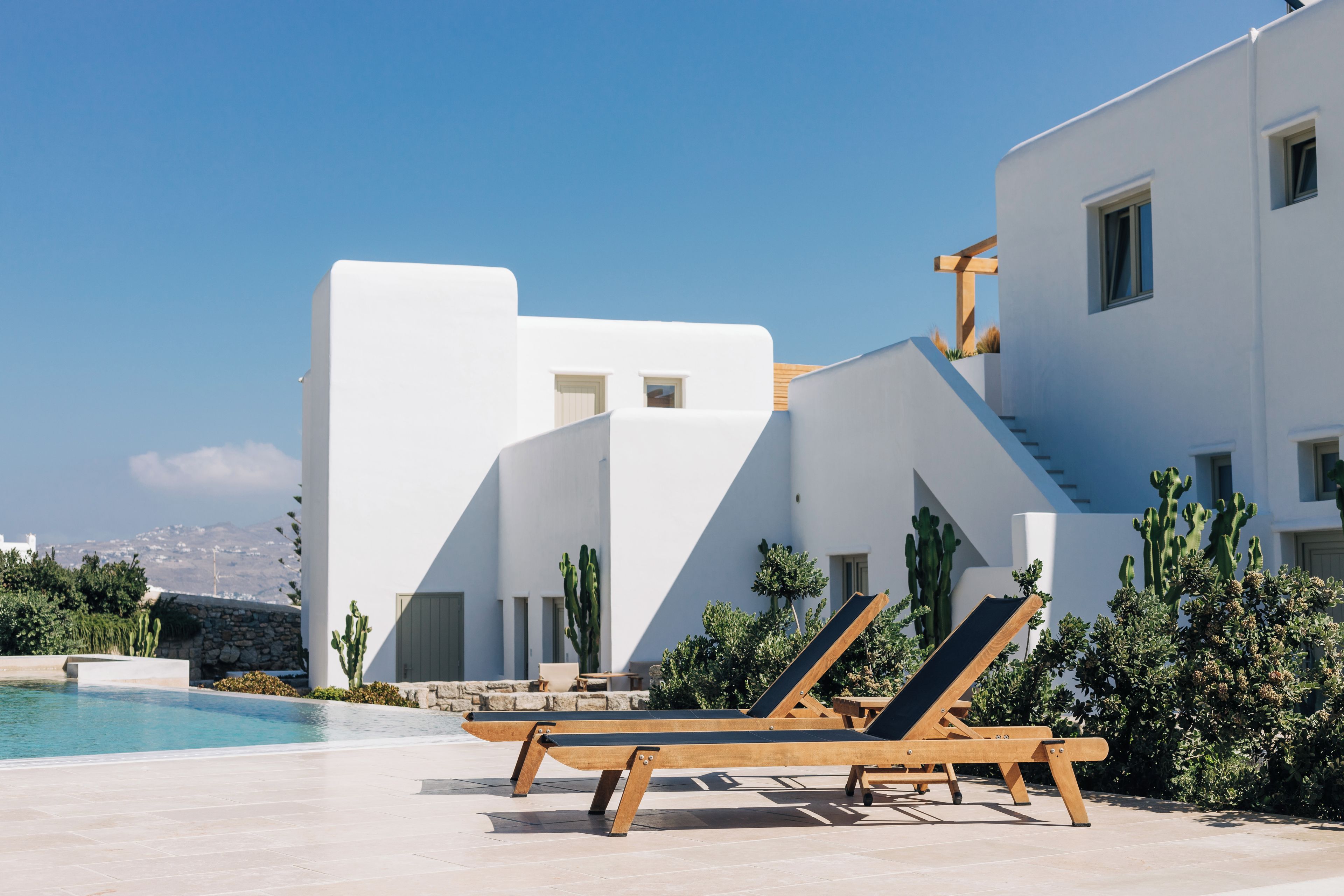 A modern building with a pool, lounge chairs, and cacti.