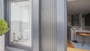 Ein modernes Interieur mit einer Schiebeglastür, einem Blumentopf, einem Sofa und einem kleinen Tisch.