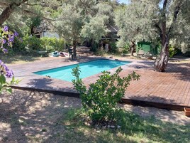 Piscina rodeada por um deck de madeira, árvores e um jardim.
