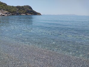 Una playa cerca, sillas reclinables de playa, sombrillas