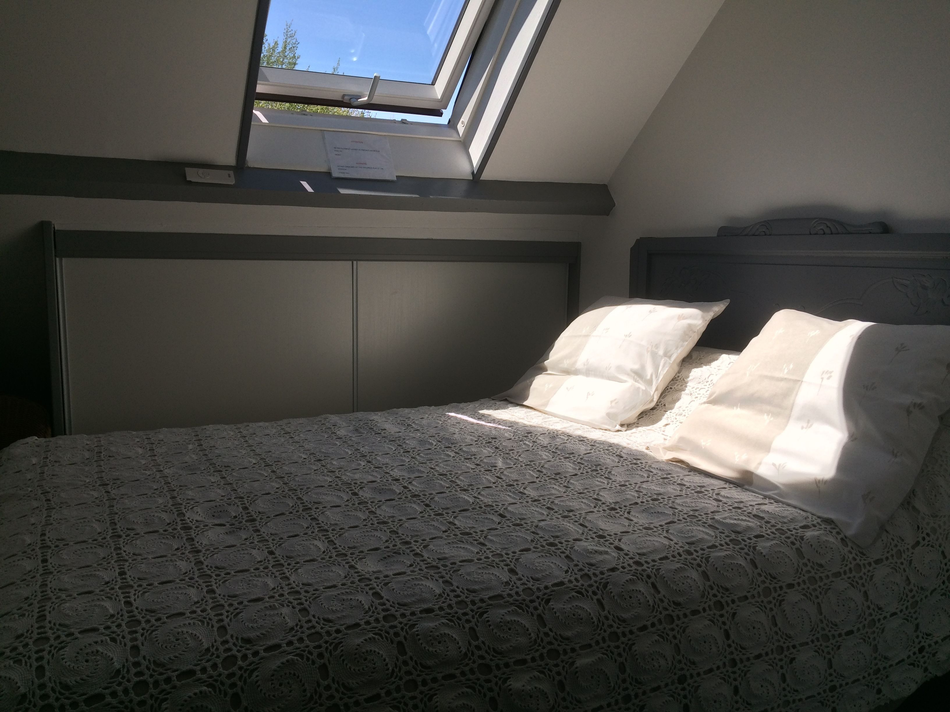 A bedroom with a skylight, a bed with patterned bedding, and a headboard with a floral design.