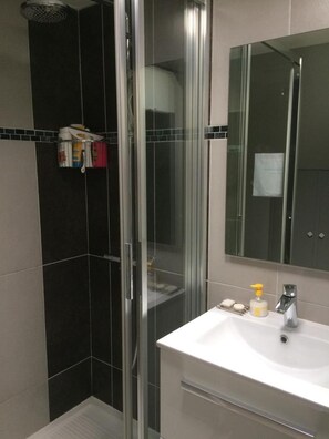 Une salle de bain moderne avec une douche à parois de verre, un lavabo blanc avec un miroir et des articles de toilette posés sur le comptoir.