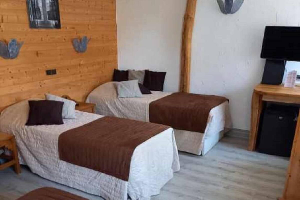 Een hotelkamer met twee bedden, houten wanden, een klein tafeltje met een lamp en een foto aan de muur.