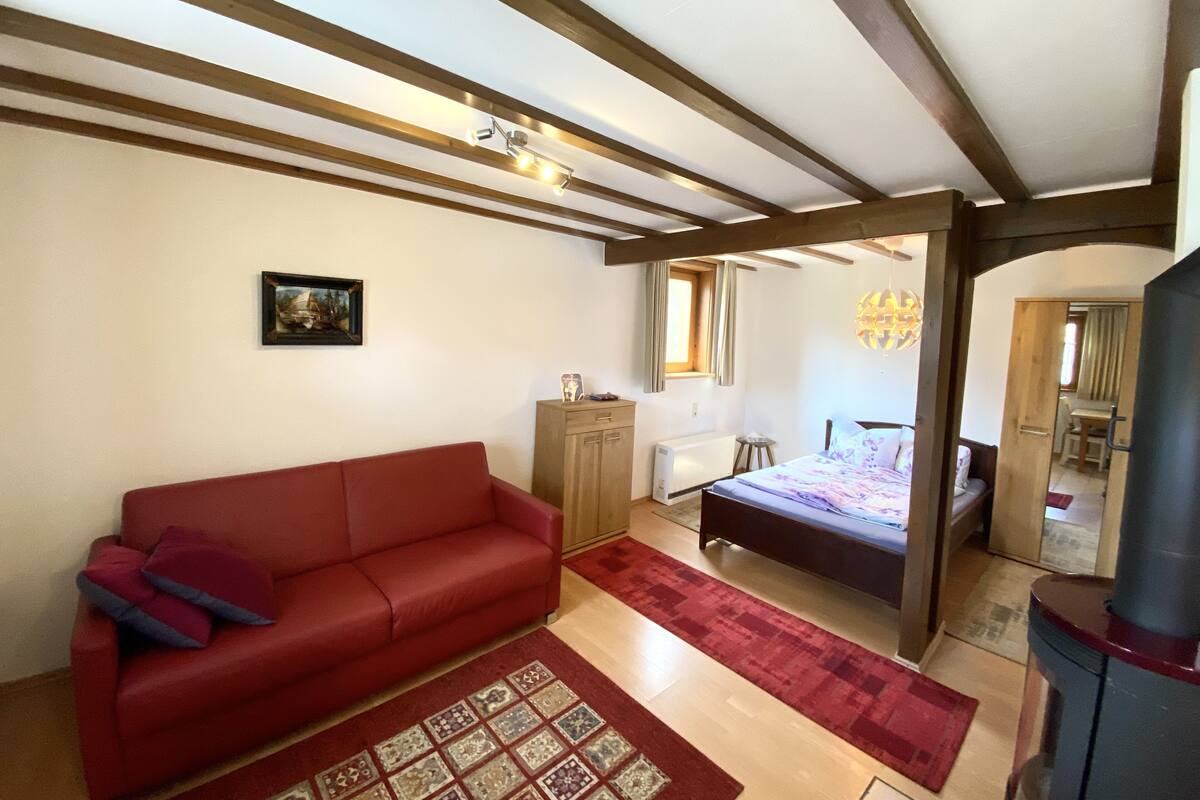 Une pièce chaleureuse avec un canapé rouge, un tapis à motifs, un lit, une armoire en bois et un plafond avec des poutres apparentes.