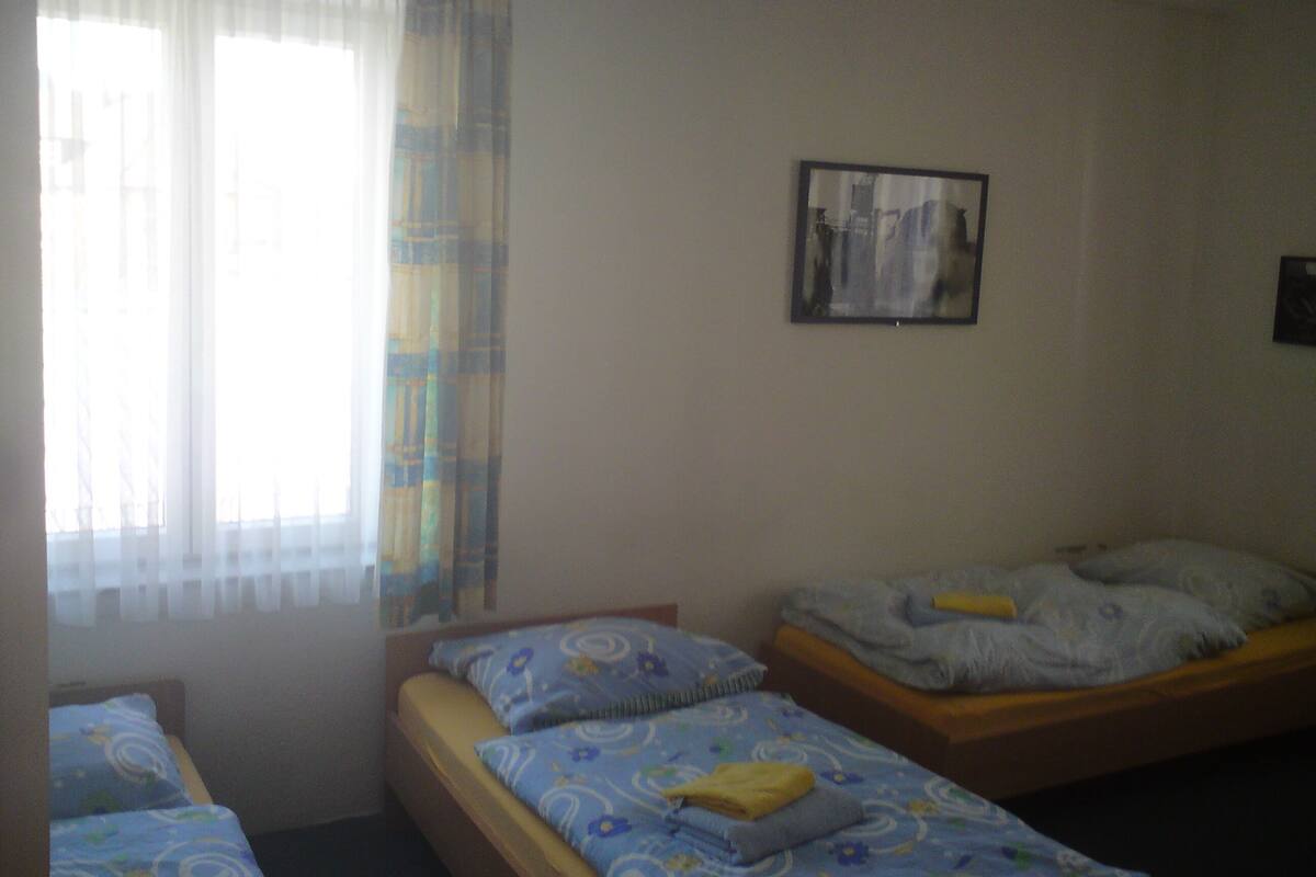 A room with two single beds, a window with sheer curtains, and a framed picture on the wall.