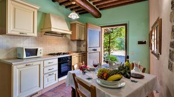 Großer Kühlschrank, Mikrowelle, Herdplatte, Wasserkocher