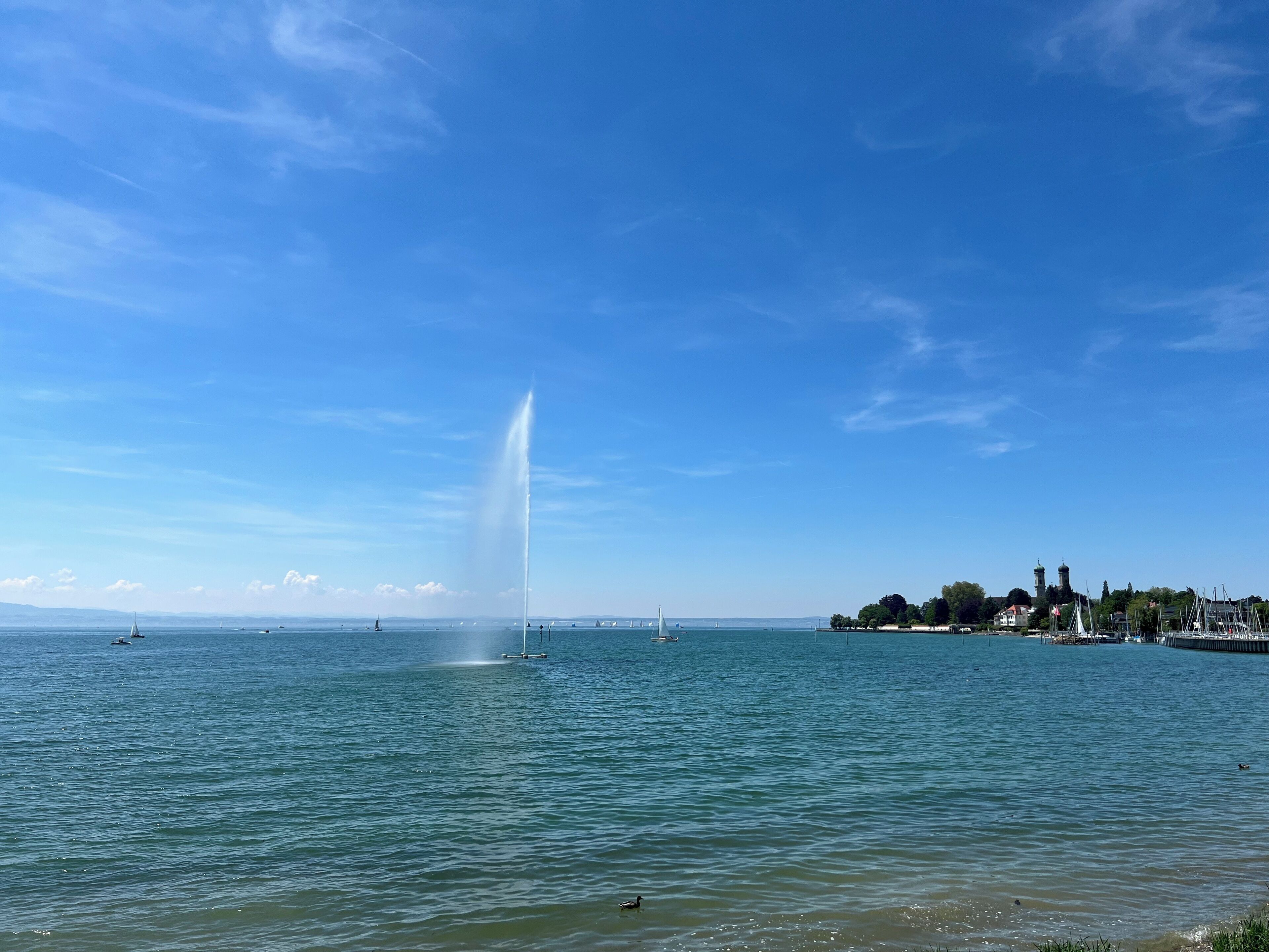 A waterfront view with a fountain, boats, and a distant bridge.