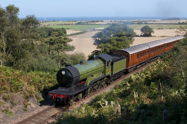 Une locomotive à vapeur verte, tirant un wagon de passagers, circule sur une voie ferrée de campagne, entourée de verdure et de champs.