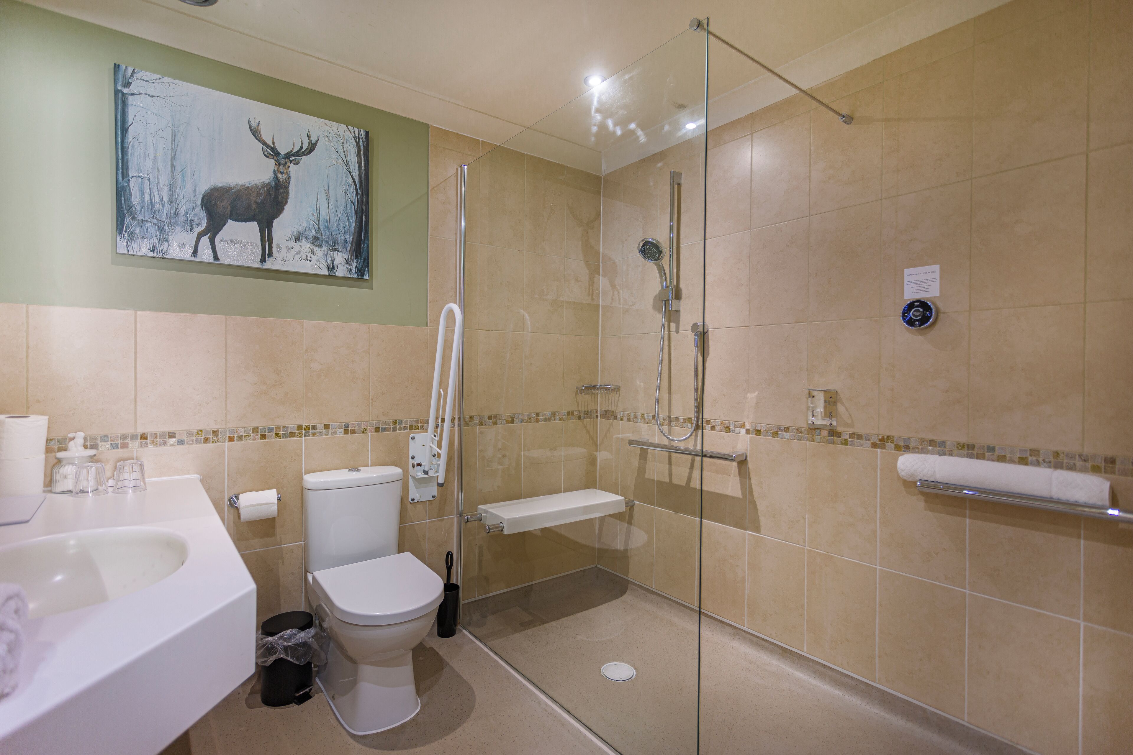 Ein Badezimmer mit Toilette, Waschbecken und Dusche.