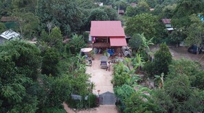 A house with a red roof surrounded by dense greenery.
