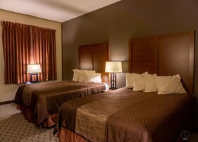 Desk, laptop workspace, blackout drapes, soundproofing