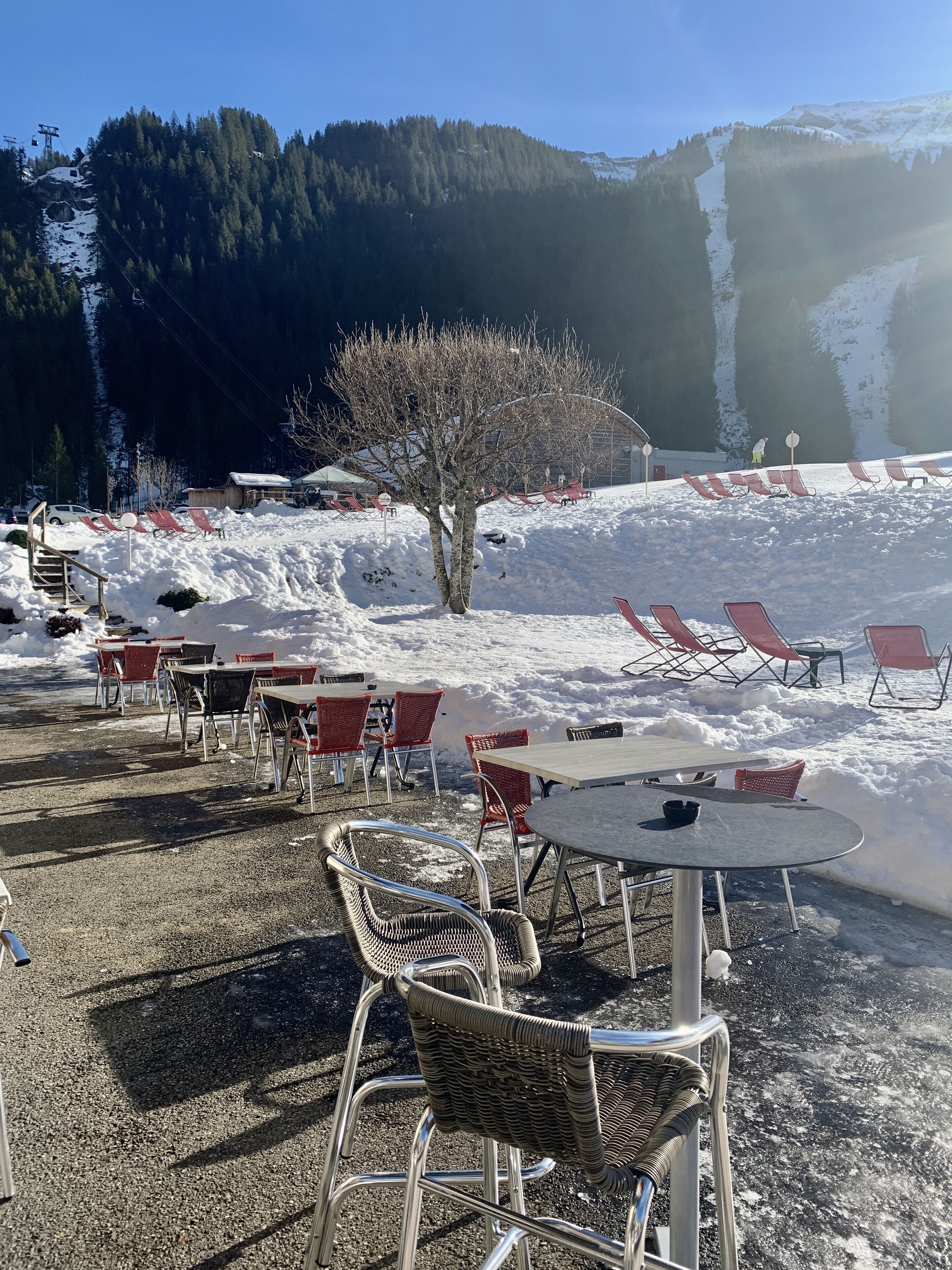 A snow-covered outdoor seating area with tables and chairs, a tree, and a mountainous backdrop.