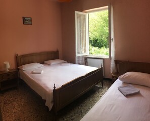 Une chambre à coucher avec un lit en bois, une table de chevet, une fenêtre donnant sur un paysage verdoyant et un radiateur.