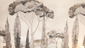 A bedroom with a large bed, white pillows, and a wall mural of trees. - La Ferme les Eybrachas (Réauville)