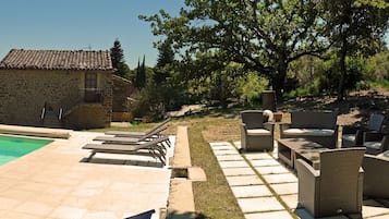 Outdoor pool, a heated pool, pool loungers