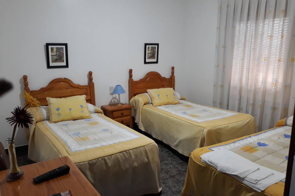 A hotel room with two single beds, wooden headboards, a nightstand with a lamp, a remote control, and a vase with a flower.