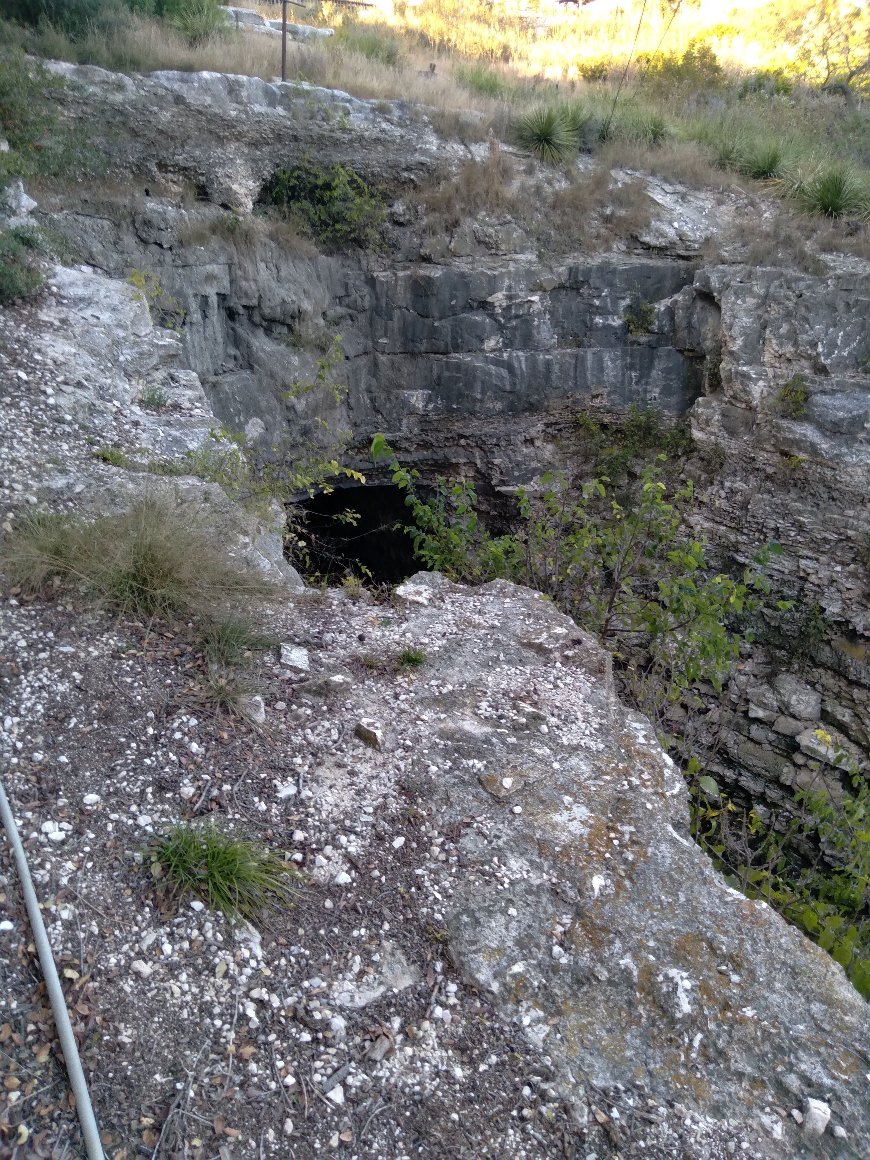 A rocky terrain with a large, dark opening surrounded by vegetation.