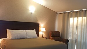 Habitación de hotel con una cama grande, una mesita de noche, una lámpara, una silla y una ventana con cortinas.