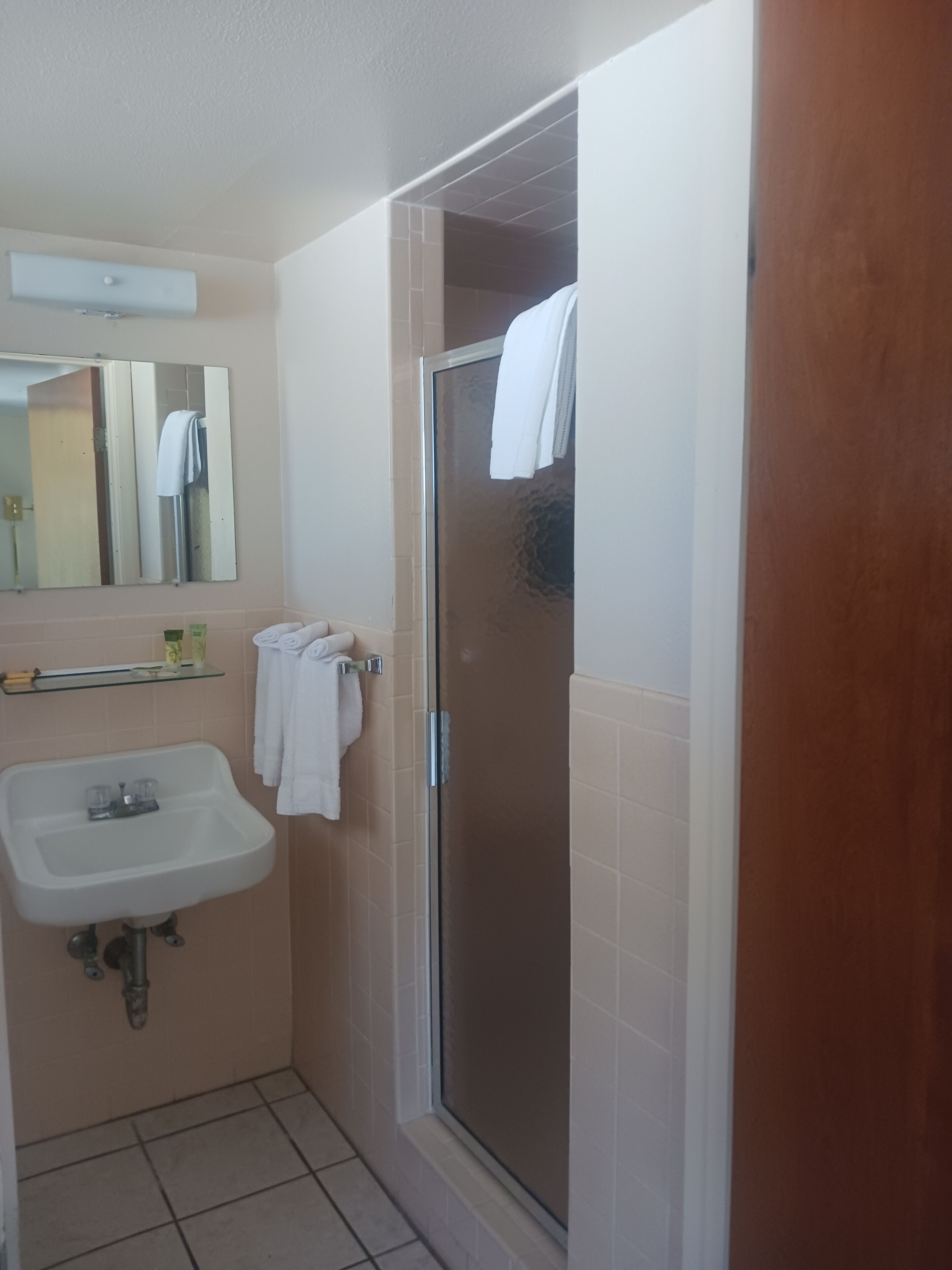 Een badkamer met een wastafel, een spiegel en een douche met glazen wanden.