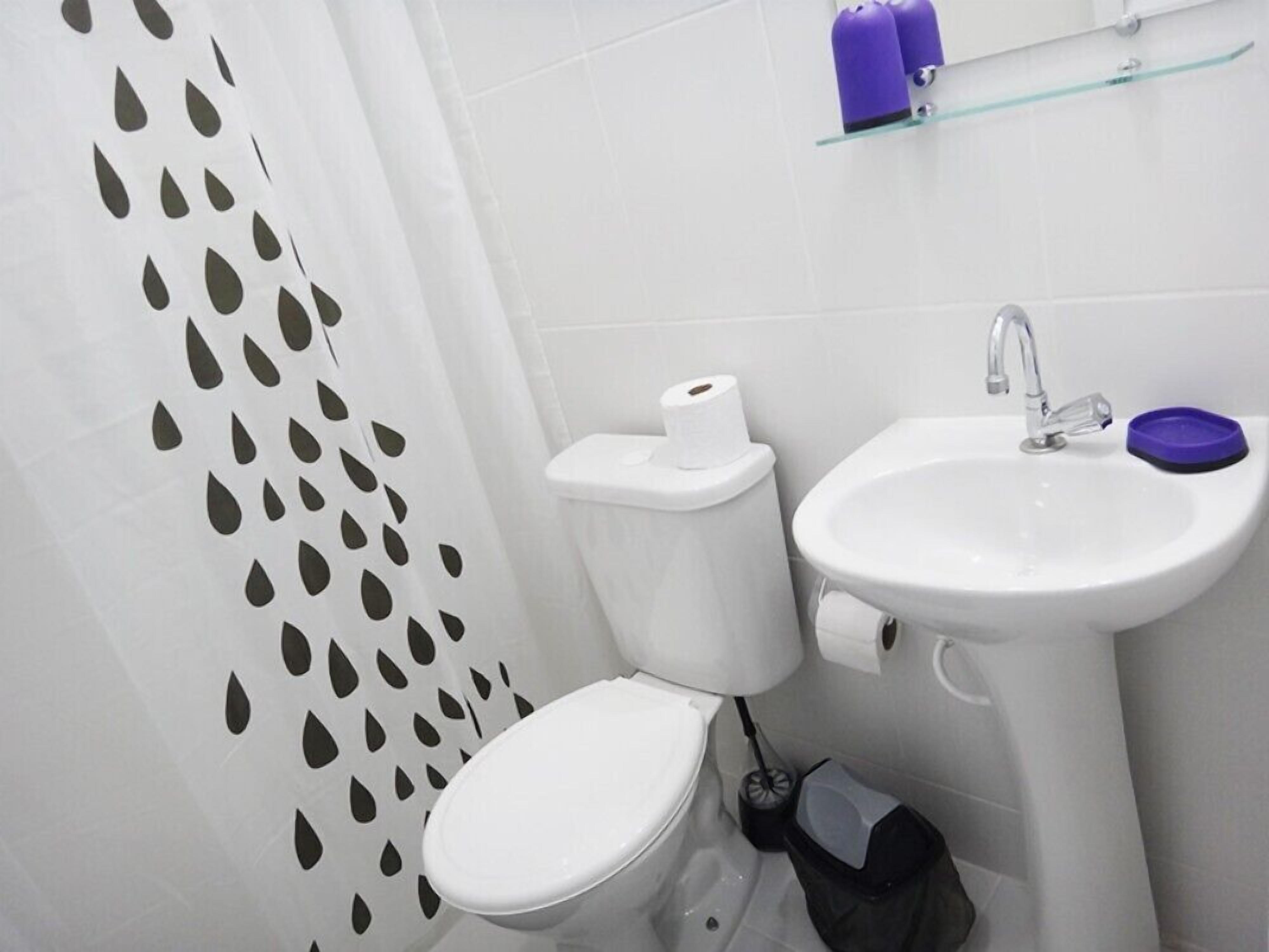 Et badeværelse med toilet, vask og bruseforhæng.