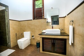 A modern bathroom with a toilet, sink, and mirror. - Huluganga Ridge (Teldeniya)