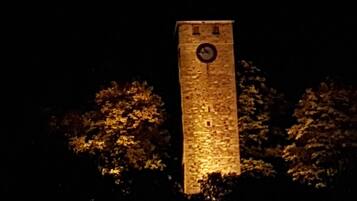 Una torre con un reloj en la parte superior, rodeada de árboles.