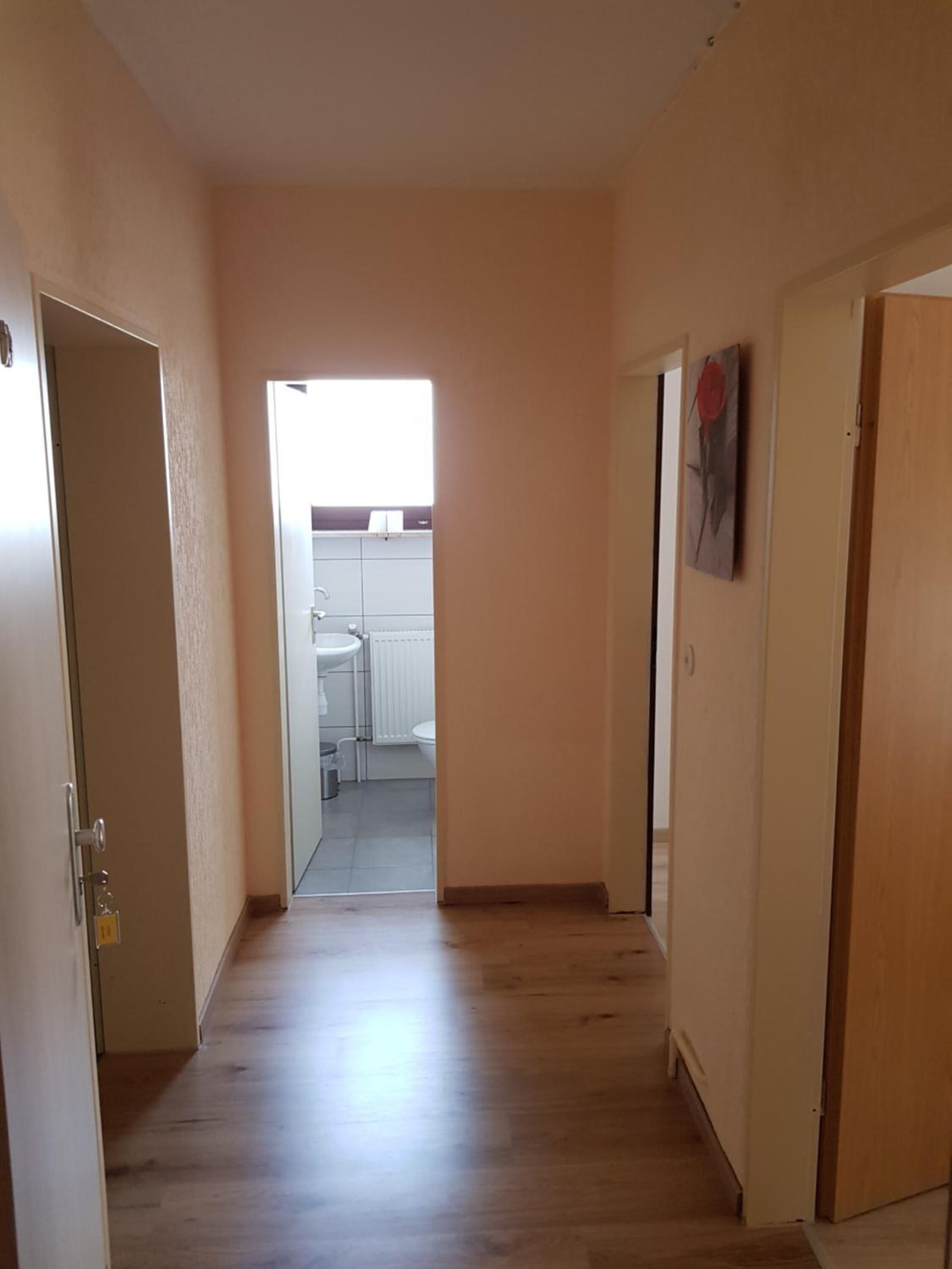A hallway with wooden flooring leading to a bathroom with a sink and toilet.